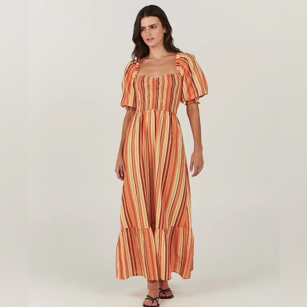 NWOT Charlie Holiday Coastal Midi Dress Linen Blend‎ Orange Stripes Women's 4